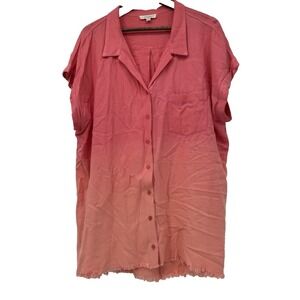 Umgee + plus Peach Ombre button down fringe oversize short sleeve 1XL pocket